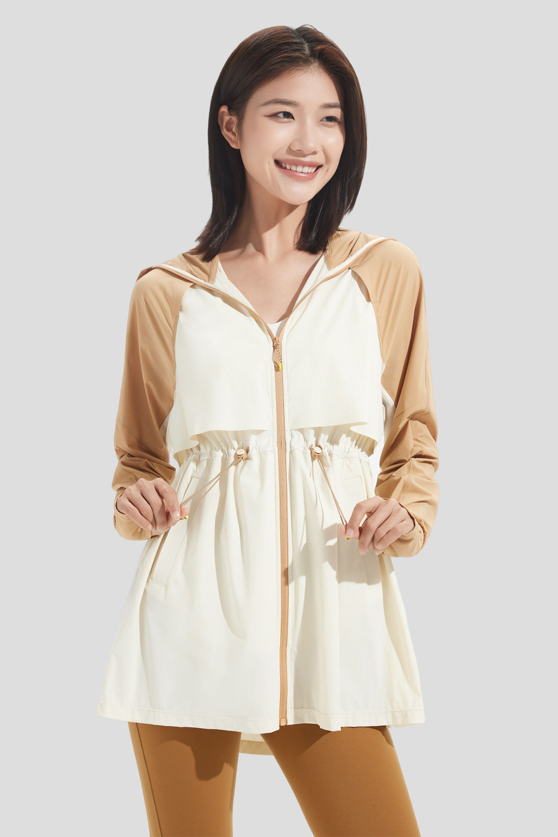 beneunder yunzi yee  women's ultra-lightweight mid-length sun protection clothing UPF50+ #color_high ridge white - coconut brown